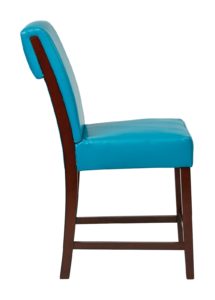a blue chair with brown wooden legs